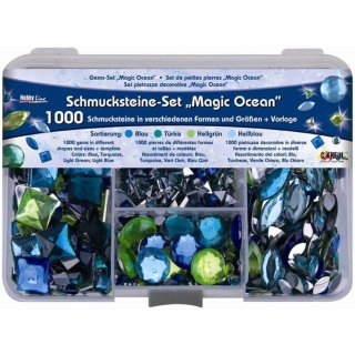 Box mit 1000 Strassteinen blau, grün in verschiedenen Formen und Größen