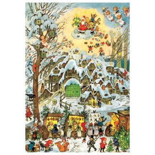 nostalgischer Adventskalender mit Zwergen auf einem Weihnachtsmarkt