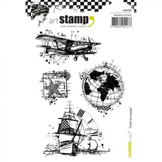 artstamp rubber cling stamp Reise urlaub Flugzeug Boot Schiff Briefmarke Globus Landkarte Vintage Segelschiff